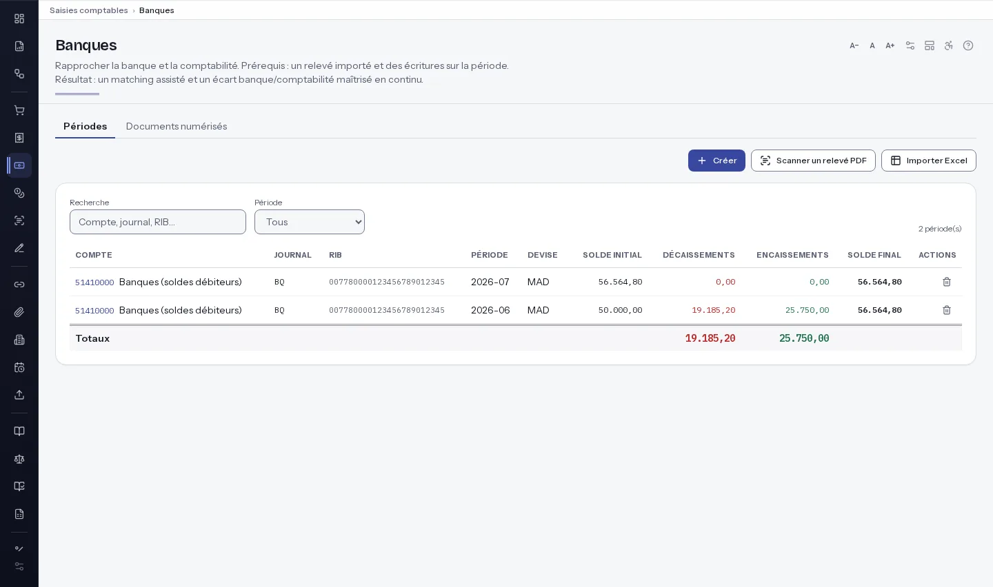 Écran Banques : boutons Créer, Scanner un relevé PDF, Importer Excel ; tableau des périodes de relevé par compte bancaire avec RIB, soldes initial et final, décaissements, encaissements et totaux.