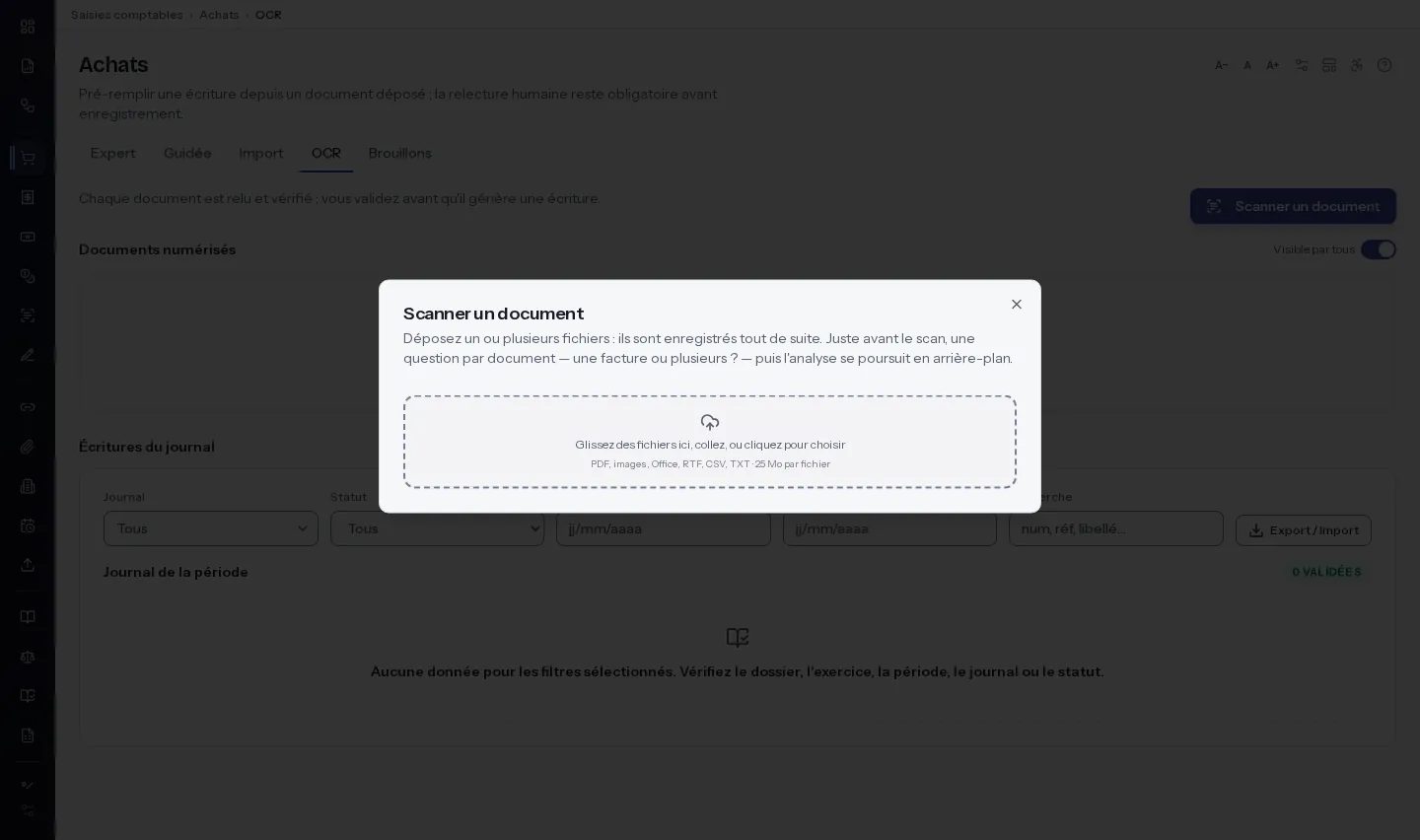 Fenêtre « Scanner un document » de Nexora ouverte sur l'écran Achats › OCR : zone de dépôt « Glissez des fichiers ici, collez, ou cliquez pour choisir », formats acceptés PDF, images, Office, RTF, CSV, TXT, 25 Mo par fichier.