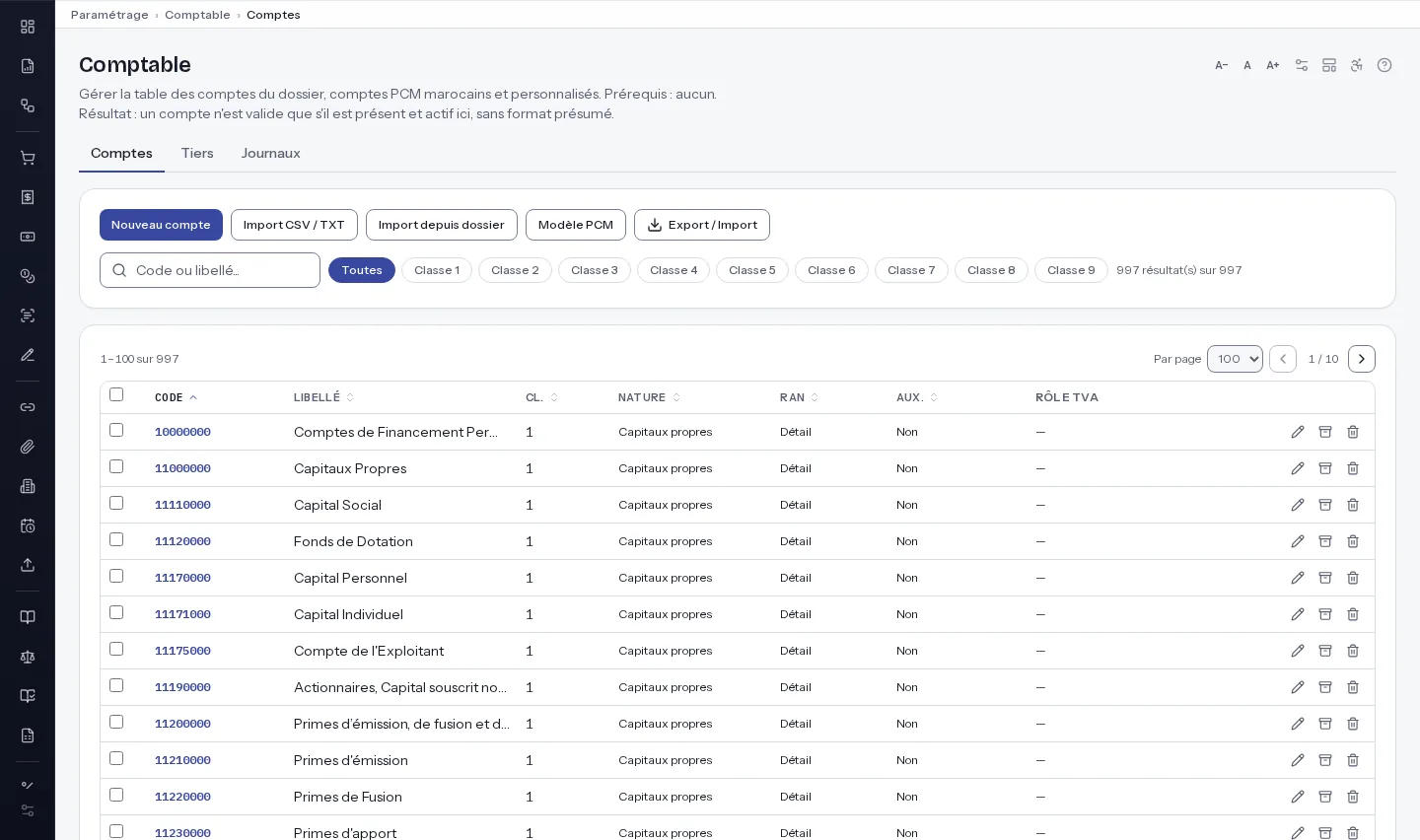 Écran Comptable › Comptes : boutons Nouveau compte, Import CSV / TXT, Import depuis dossier, Modèle PCM ; filtres Classe 1 à 9 ; tableau code, libellé, classe, nature, RAN, auxiliaire, rôle TVA.